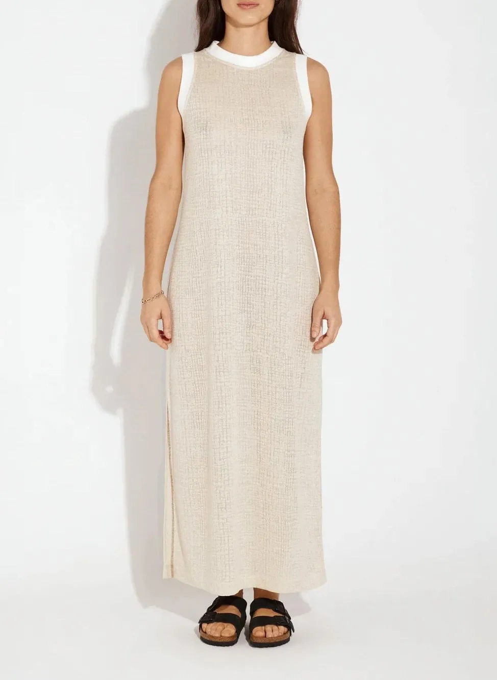 ALBERTINE KINA  VESTIDO DE PLAYA RECTO CUELLO REDONDO CALADO EN BEIGE