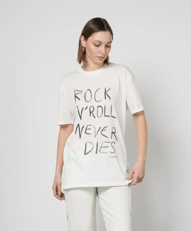 ANINE BING WHITE TSHIRT WALKER TEE ROCK N ROLL WITH PRINT