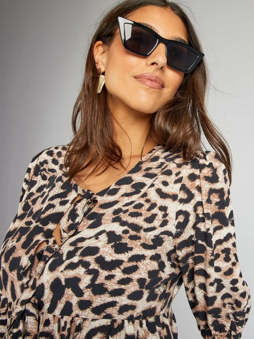 BLUSA ABOMBADA CORTA CON LAZOS  MARRON