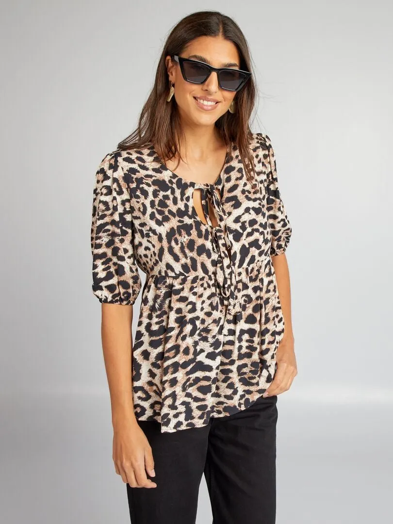 BLUSA ABOMBADA CORTA CON LAZOS  MARRON