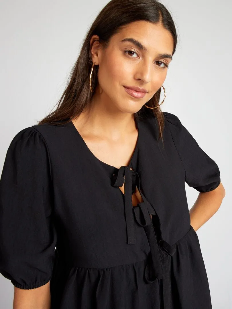 BLUSA ABOMBADA CORTA CON LAZOS  NEGRO