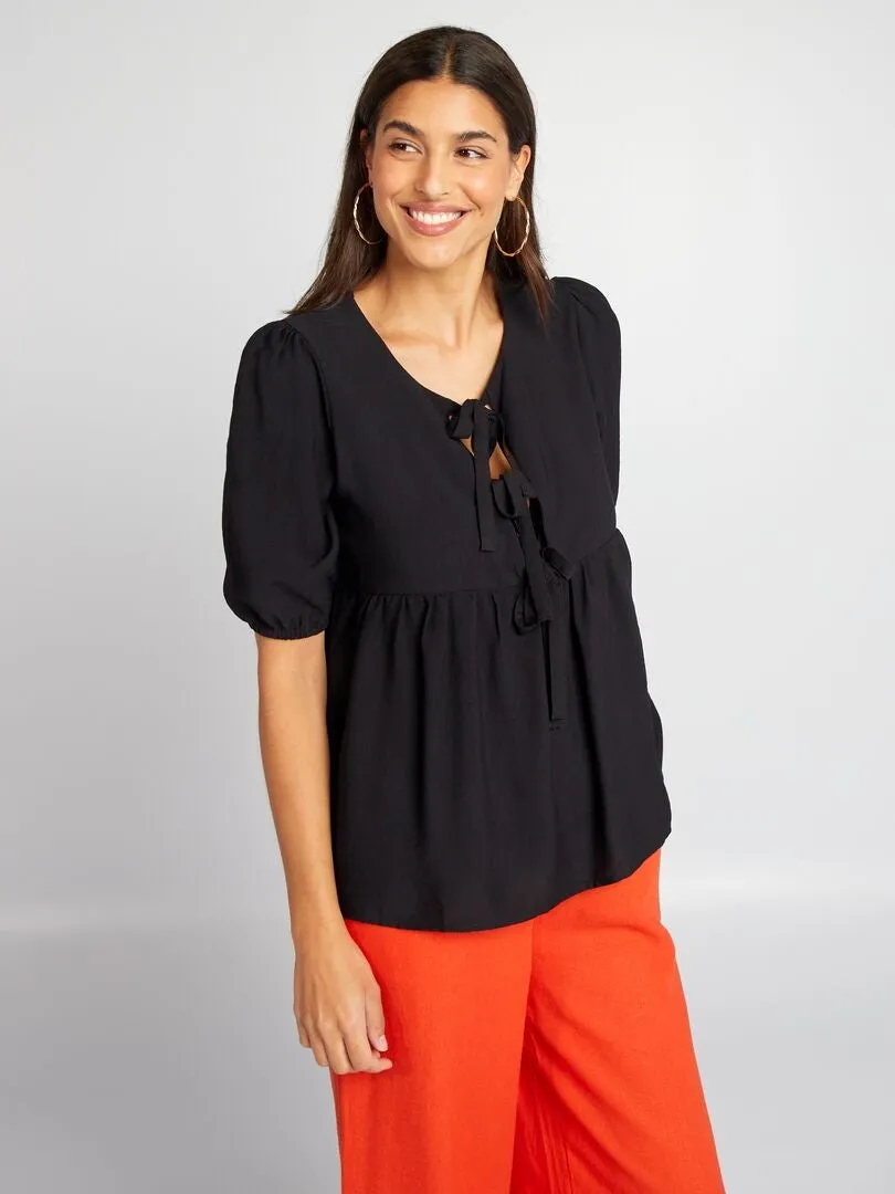 BLUSA ABOMBADA CORTA CON LAZOS  NEGRO