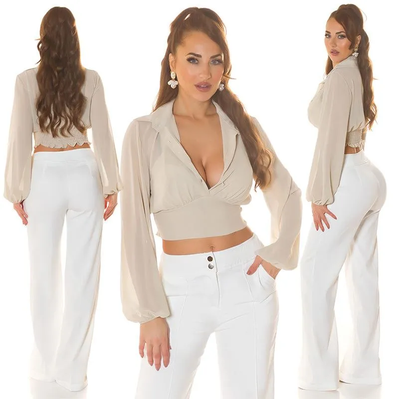 Blusa corta manga larga beige 