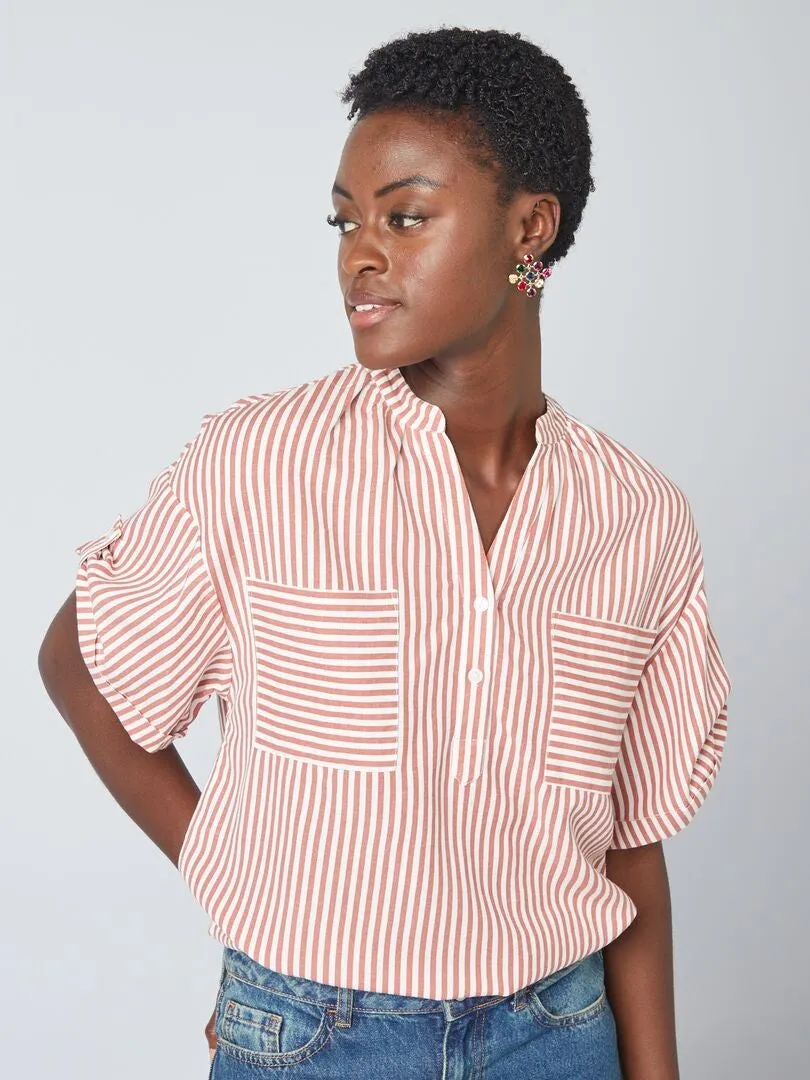 BLUSA DE MEZCLA DE LINO A RAYAS  BEIGE