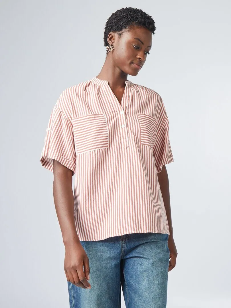 BLUSA DE MEZCLA DE LINO A RAYAS  BEIGE