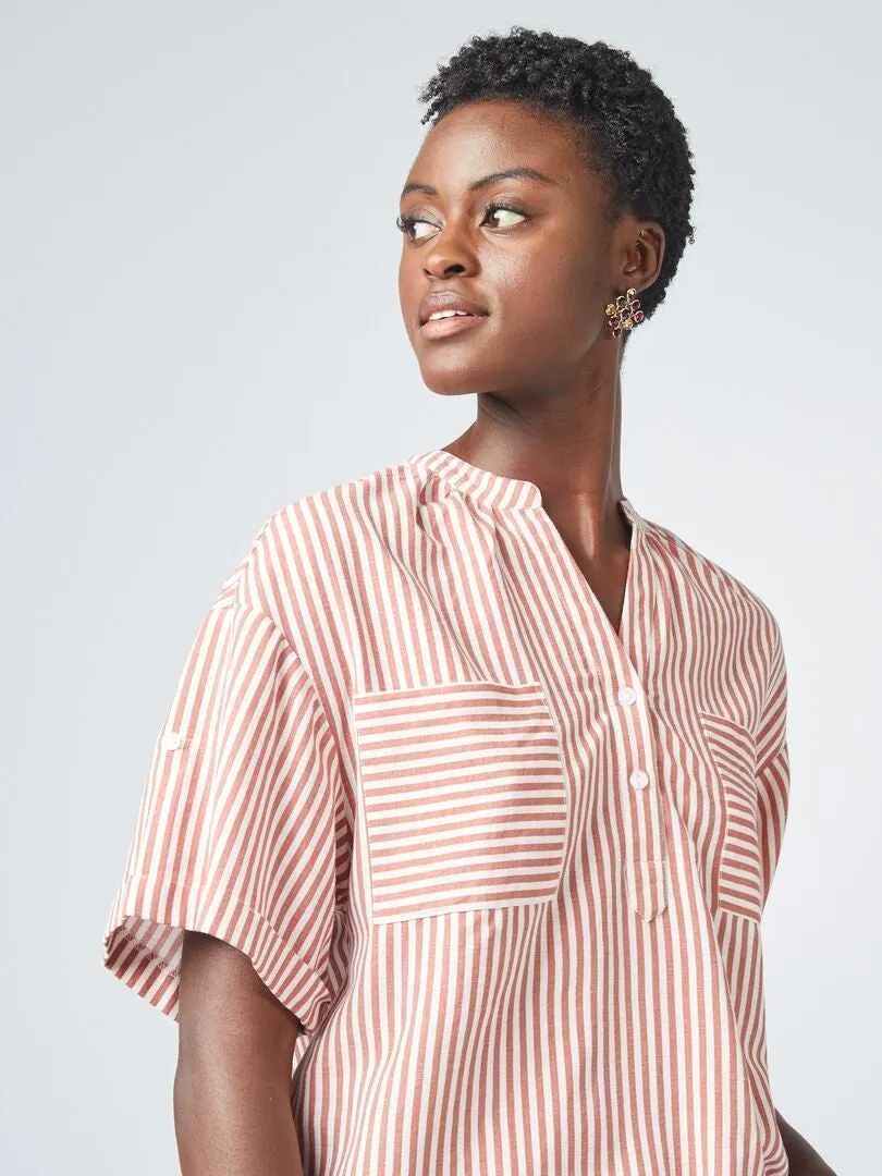BLUSA DE MEZCLA DE LINO A RAYAS  BEIGE