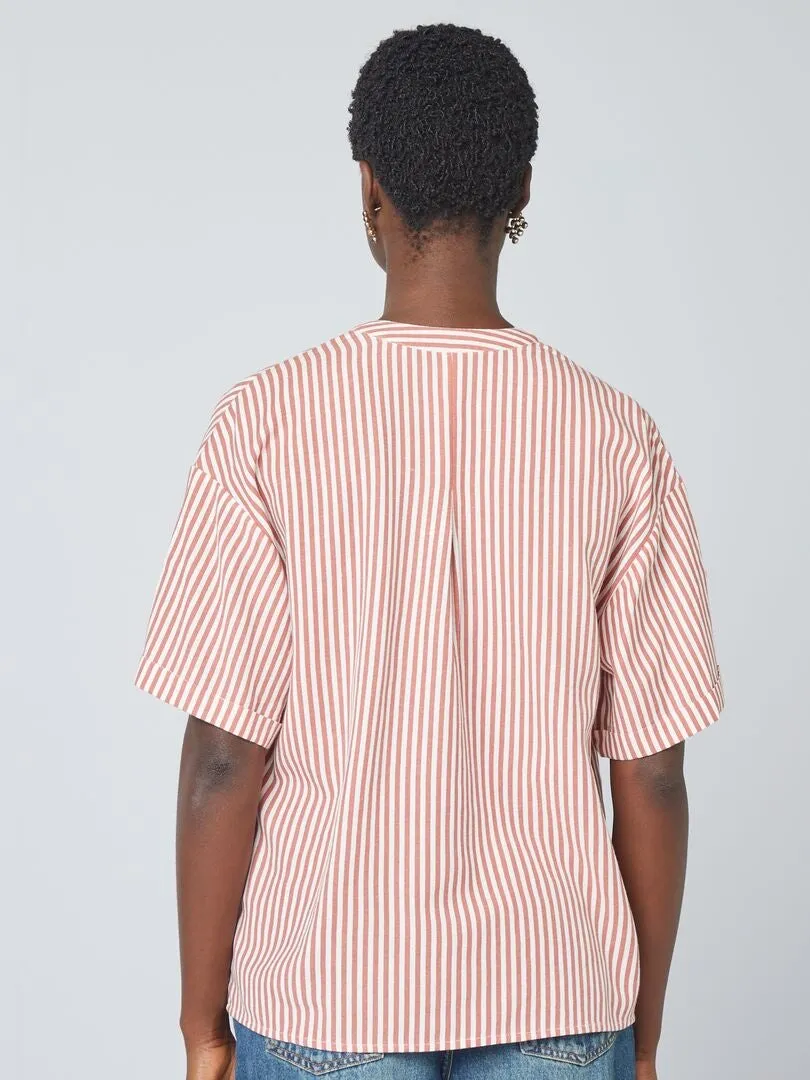 BLUSA DE MEZCLA DE LINO A RAYAS  BEIGE