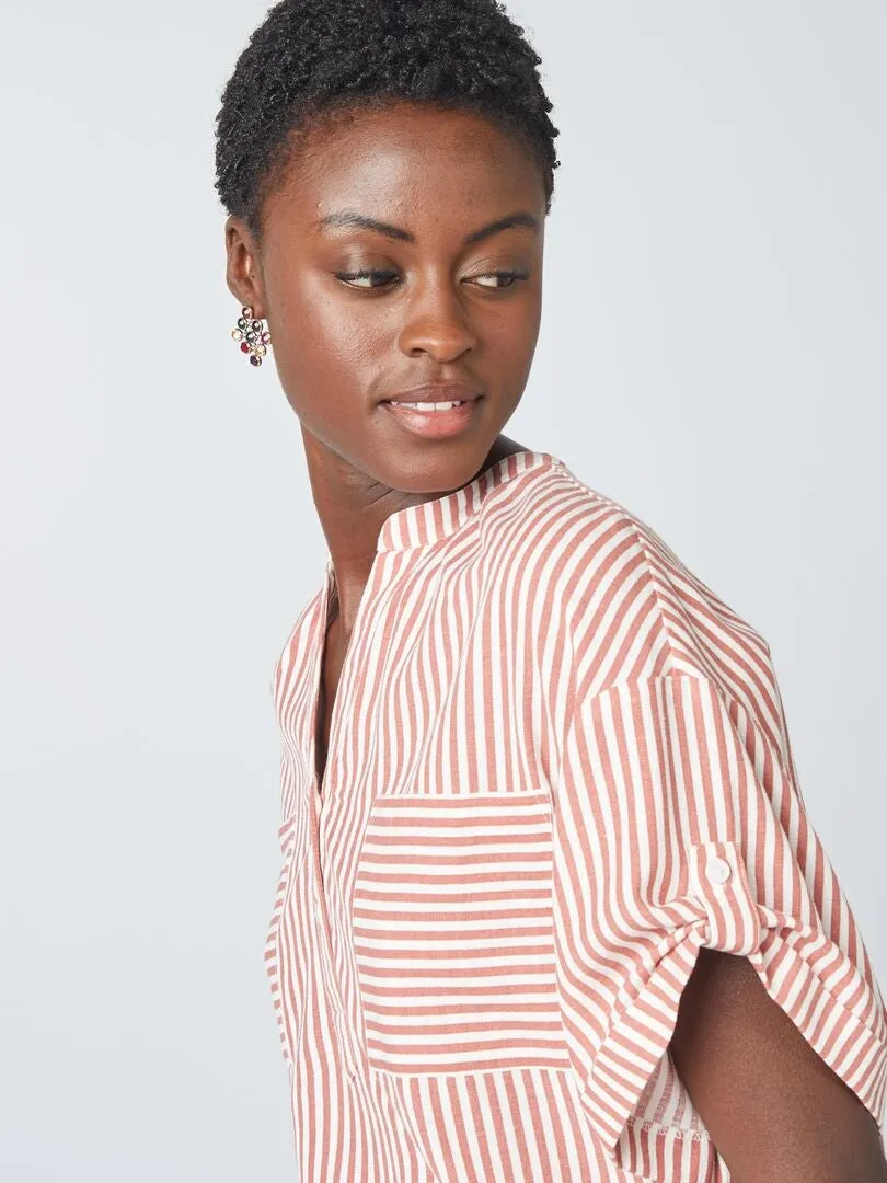 BLUSA DE MEZCLA DE LINO A RAYAS  BEIGE