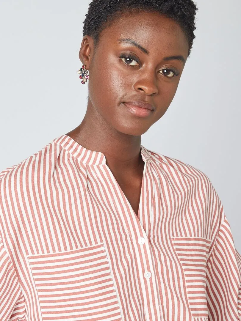 BLUSA DE MEZCLA DE LINO A RAYAS  BEIGE