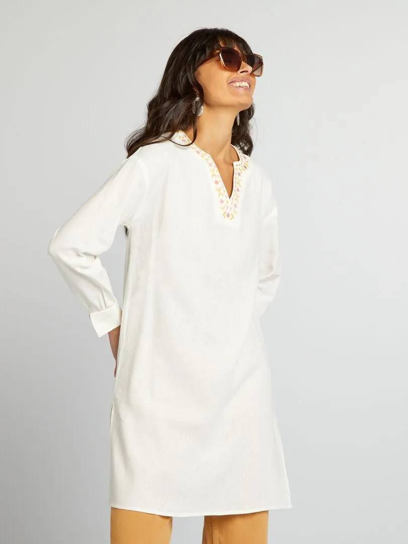 BLUSA LARGA DE LINO CON CUELLO PANADERO  BLANCO