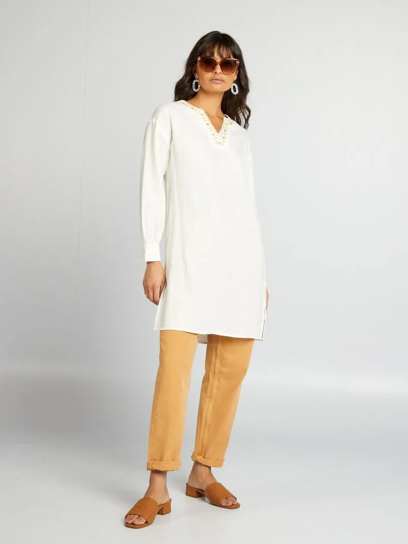 BLUSA LARGA DE LINO CON CUELLO PANADERO  BLANCO