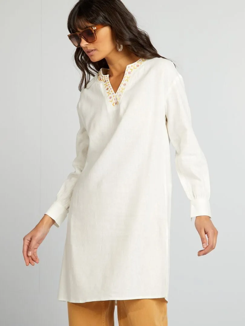 BLUSA LARGA DE LINO CON CUELLO PANADERO  BLANCO