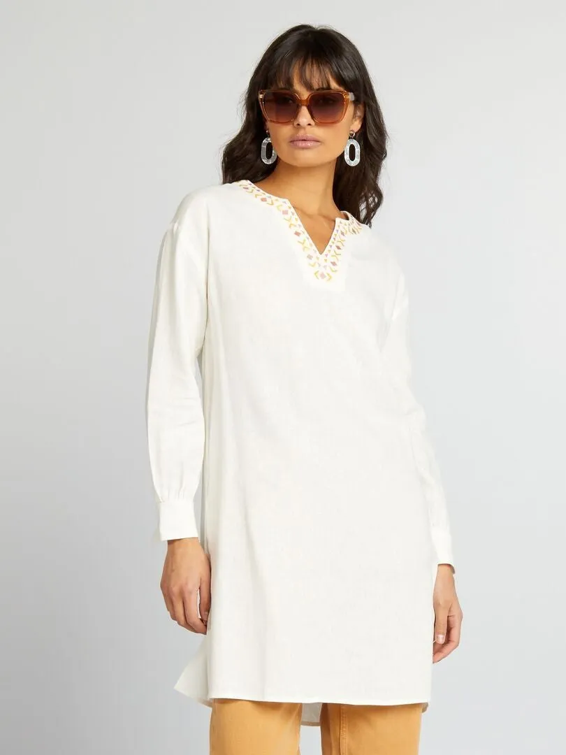 BLUSA LARGA DE LINO CON CUELLO PANADERO  BLANCO
