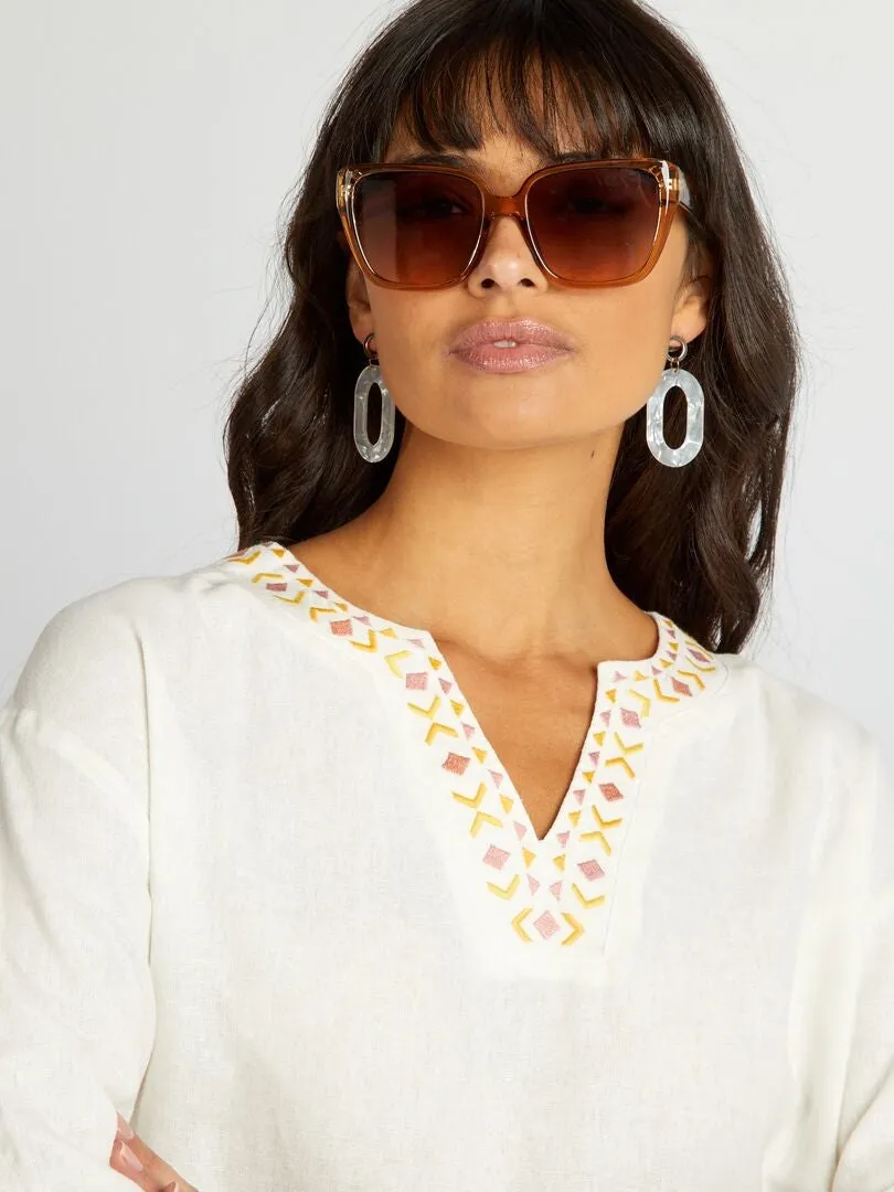BLUSA LARGA DE LINO CON CUELLO PANADERO  BLANCO