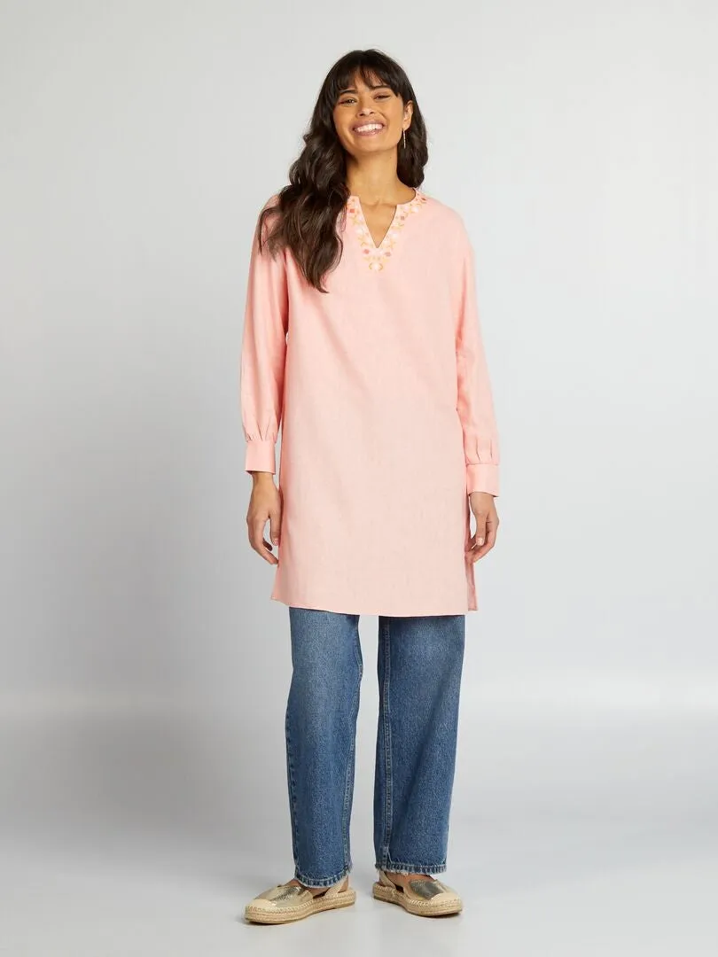 BLUSA LARGA DE LINO CON CUELLO PANADERO  ROSA