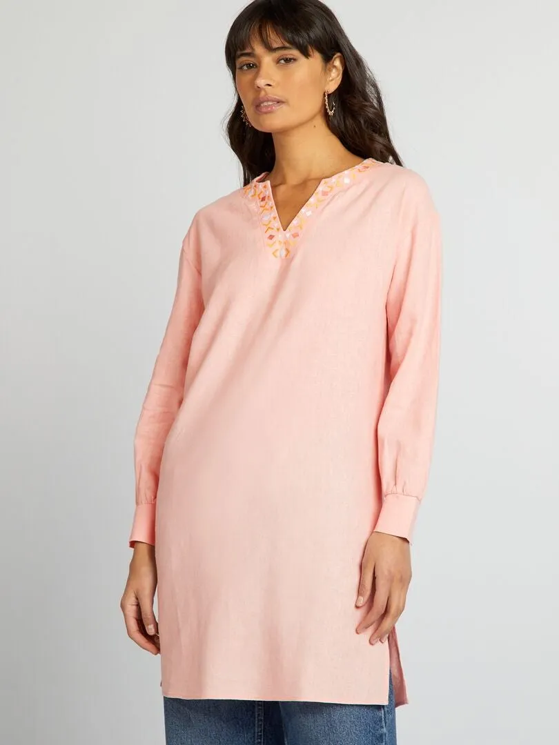BLUSA LARGA DE LINO CON CUELLO PANADERO  ROSA
