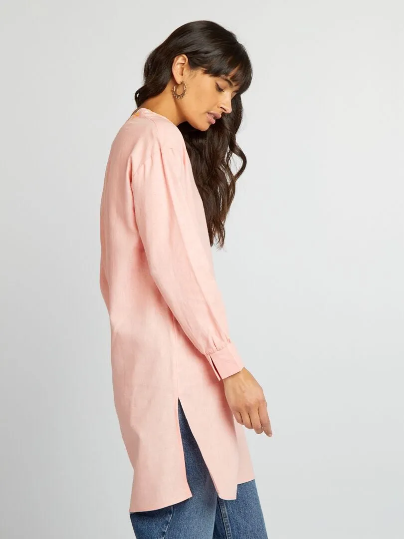 BLUSA LARGA DE LINO CON CUELLO PANADERO  ROSA