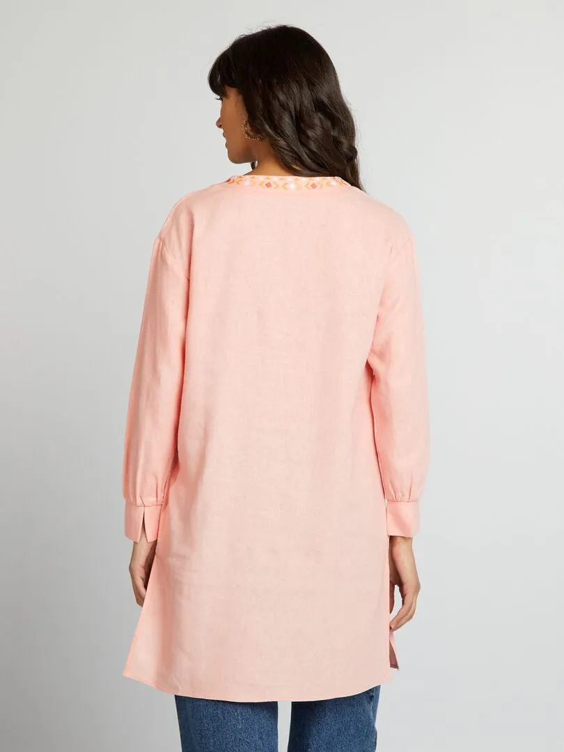 BLUSA LARGA DE LINO CON CUELLO PANADERO  ROSA