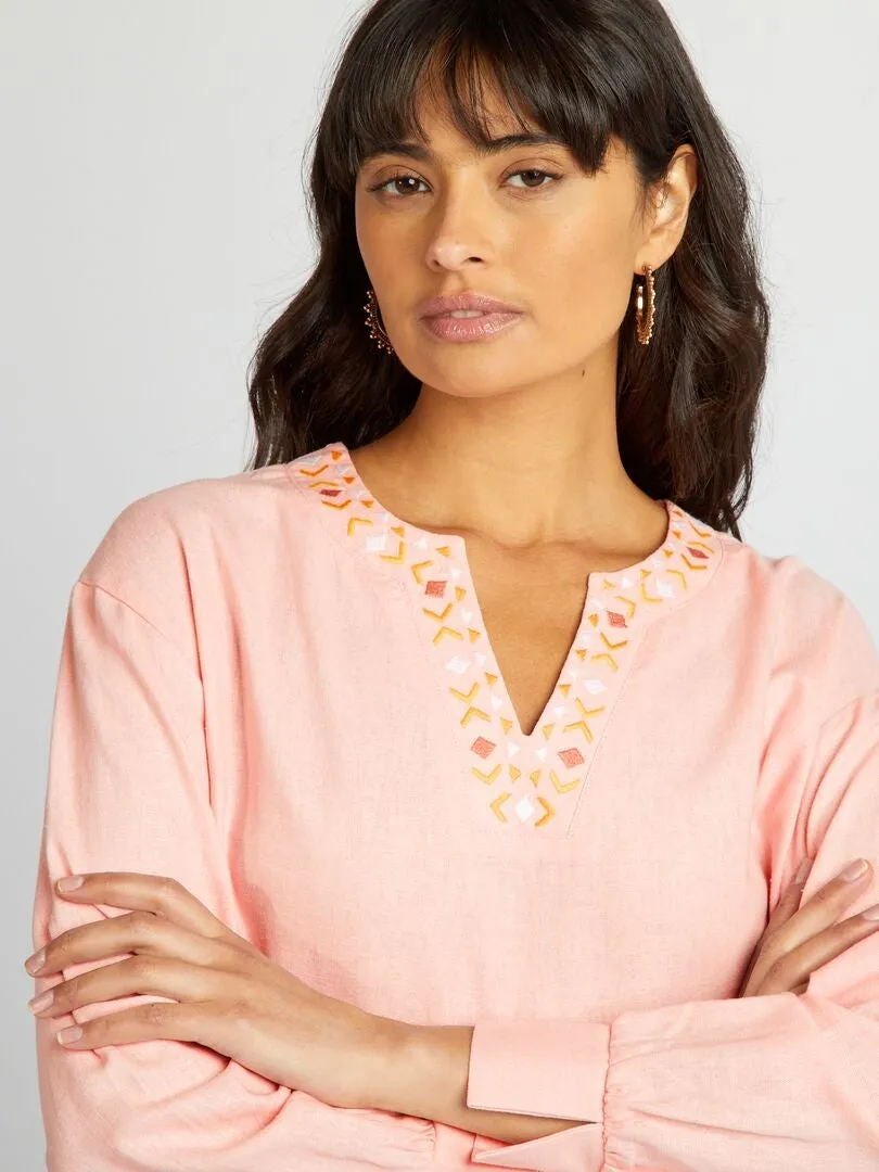 BLUSA LARGA DE LINO CON CUELLO PANADERO  ROSA