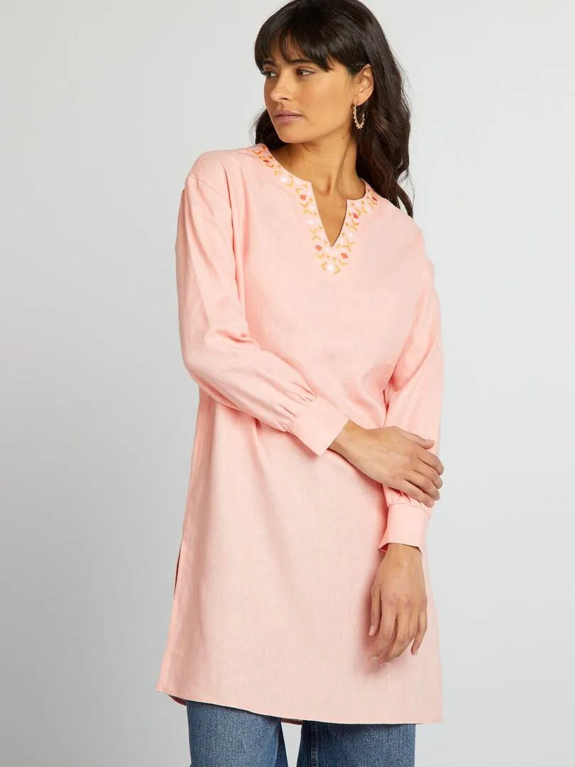 BLUSA LARGA DE LINO CON CUELLO PANADERO  ROSA