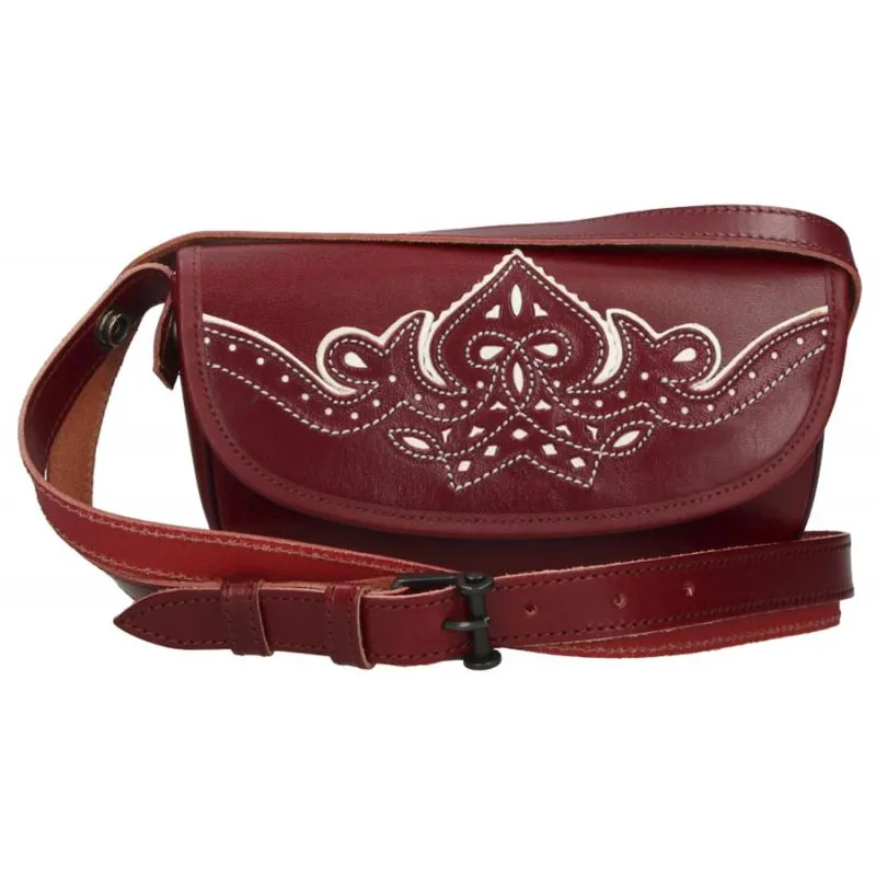 Bolso Rociero alargado cereza bordado hilo blanco