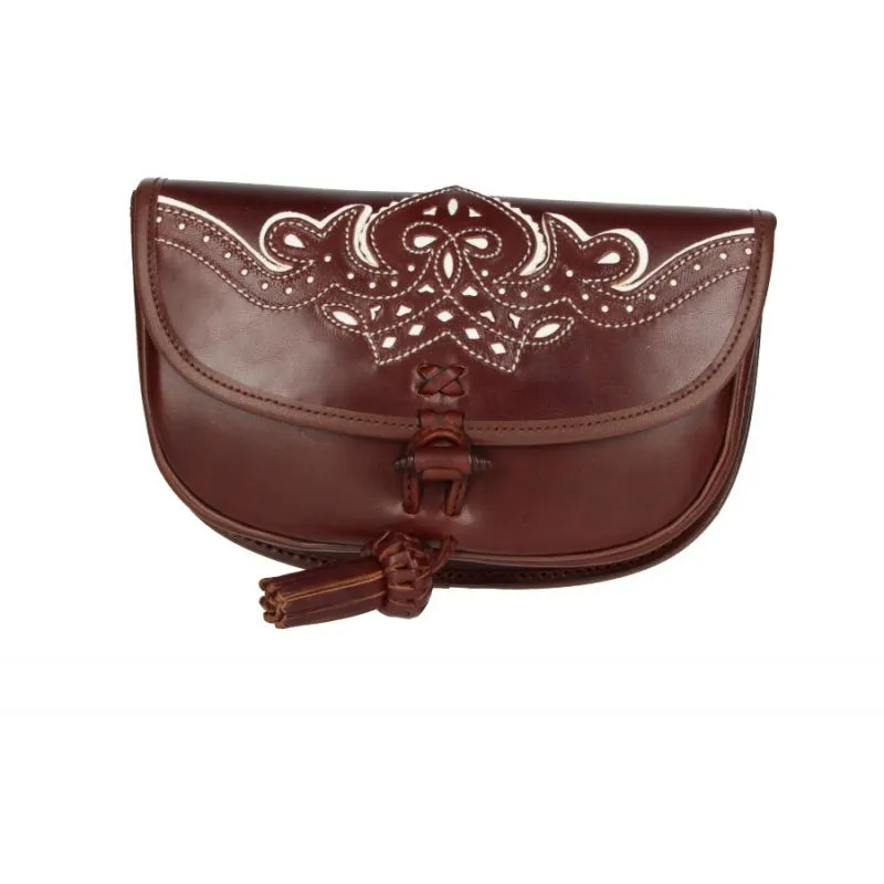 Bolso rociero tabaco adorno cairel hilo blanco