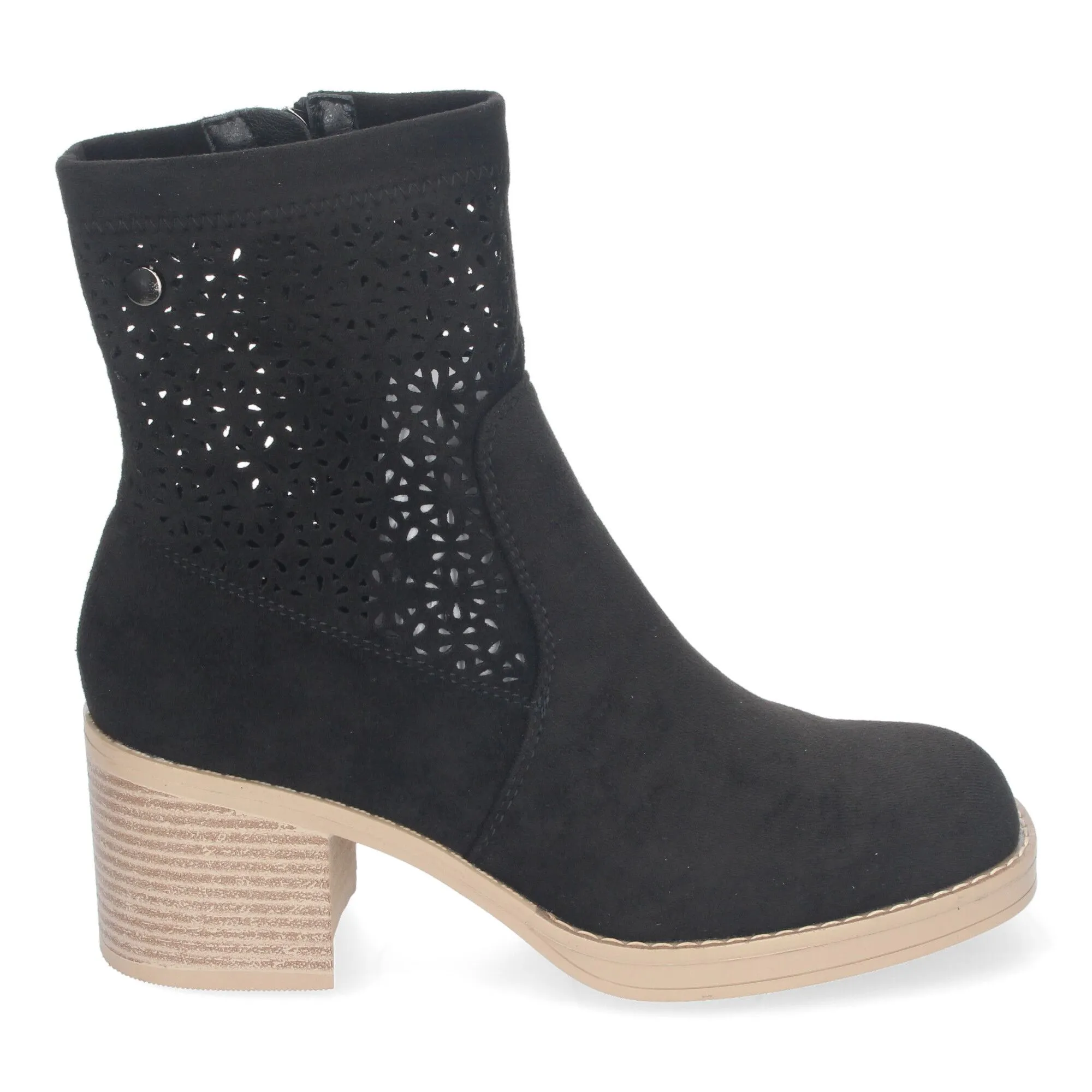 Botines de tacón bajo calados color negro punta redonda mujer VR001