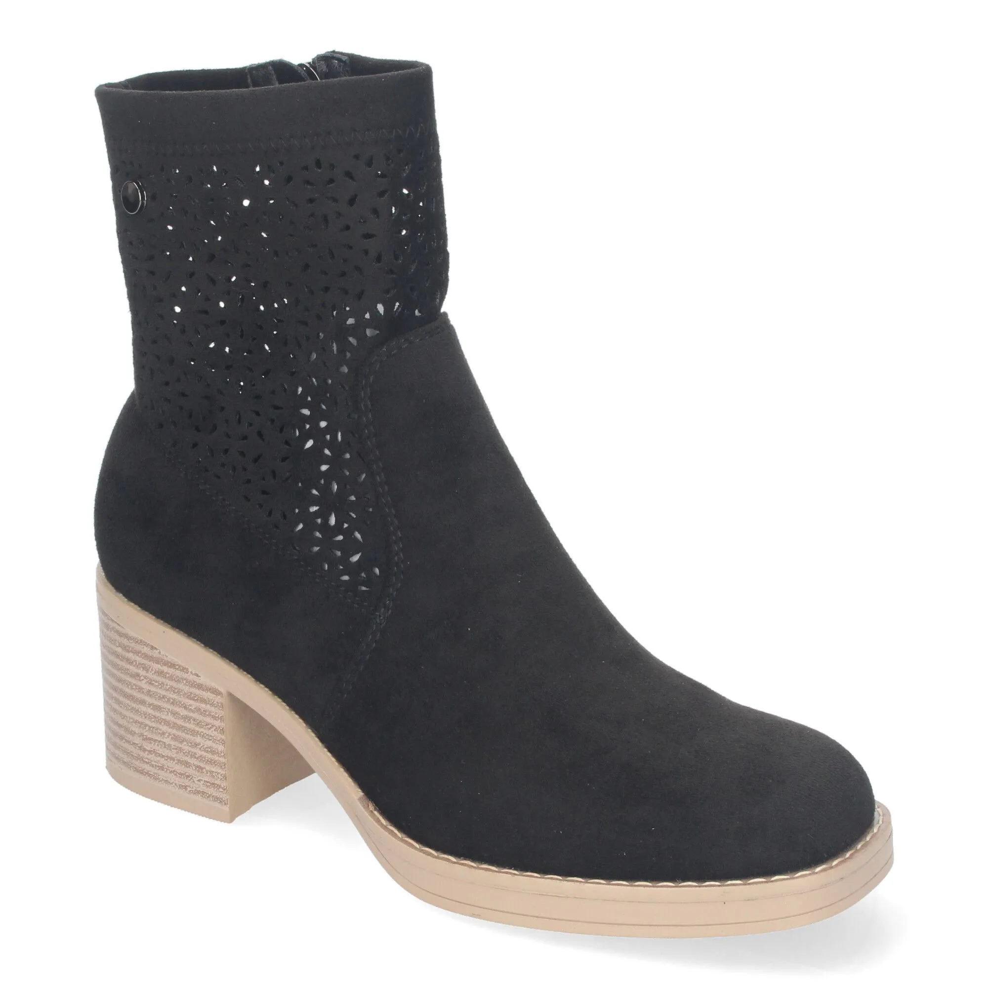 Botines de tacón bajo calados color negro punta redonda mujer VR001