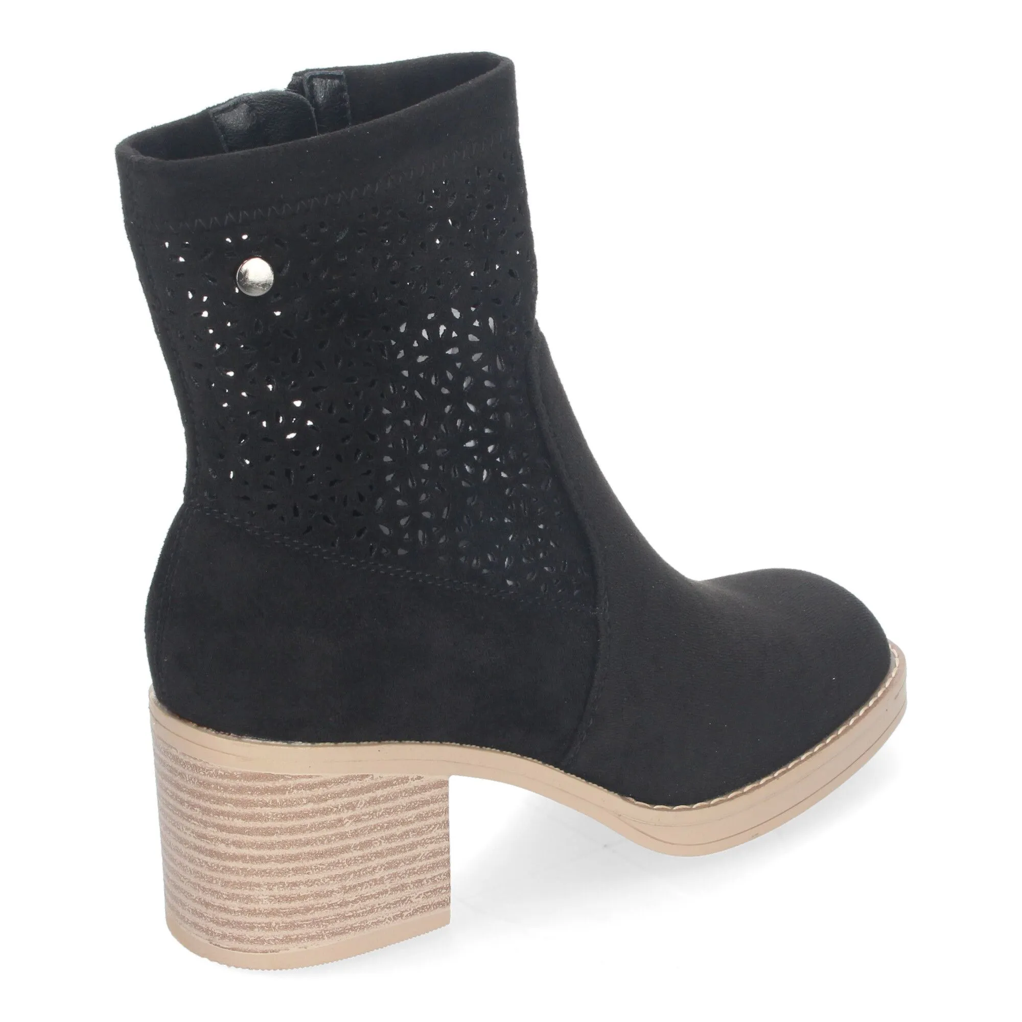 Botines de tacón bajo calados color negro punta redonda mujer VR001
