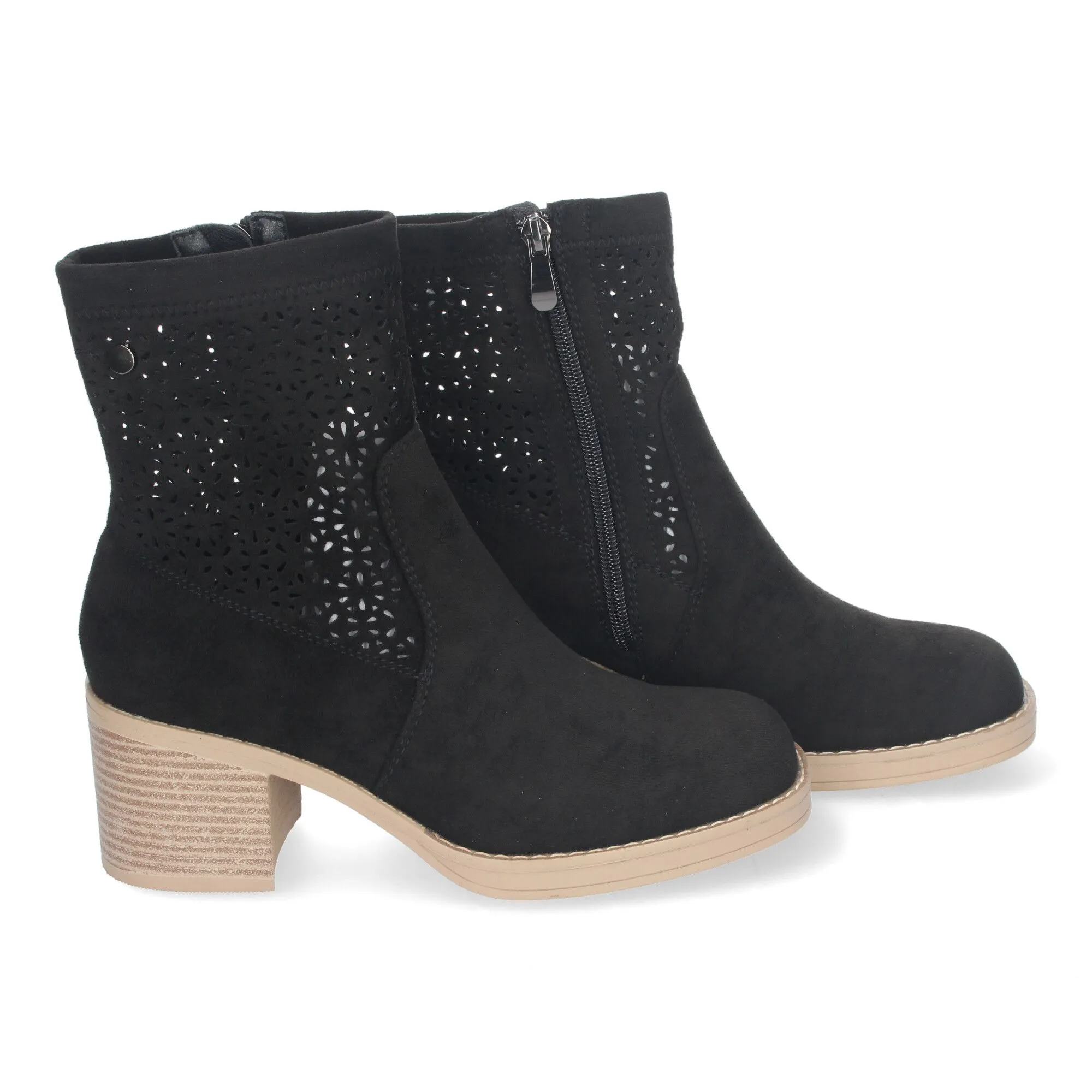 Botines de tacón bajo calados color negro punta redonda mujer VR001