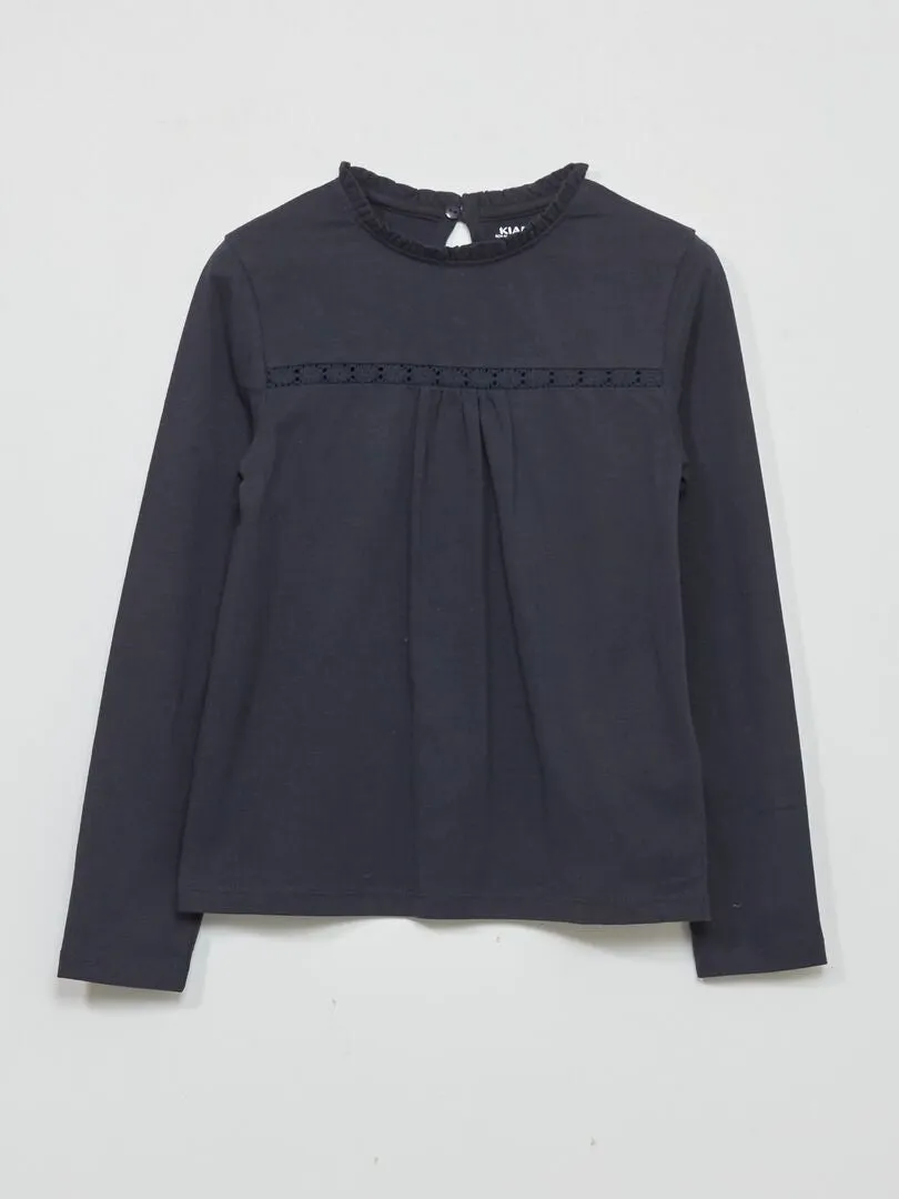CAMISETA CON ENCAJE EN LAS MANGAS  AZUL