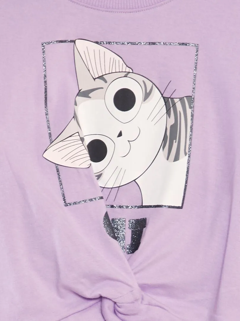 CAMISETA DE ALGODóN 'UNA VIDA DE GATO'  PURPURA