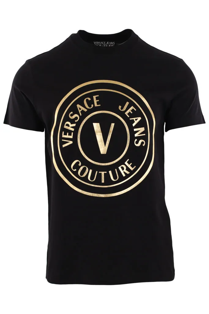 Camiseta negra con logo redondo dorado
