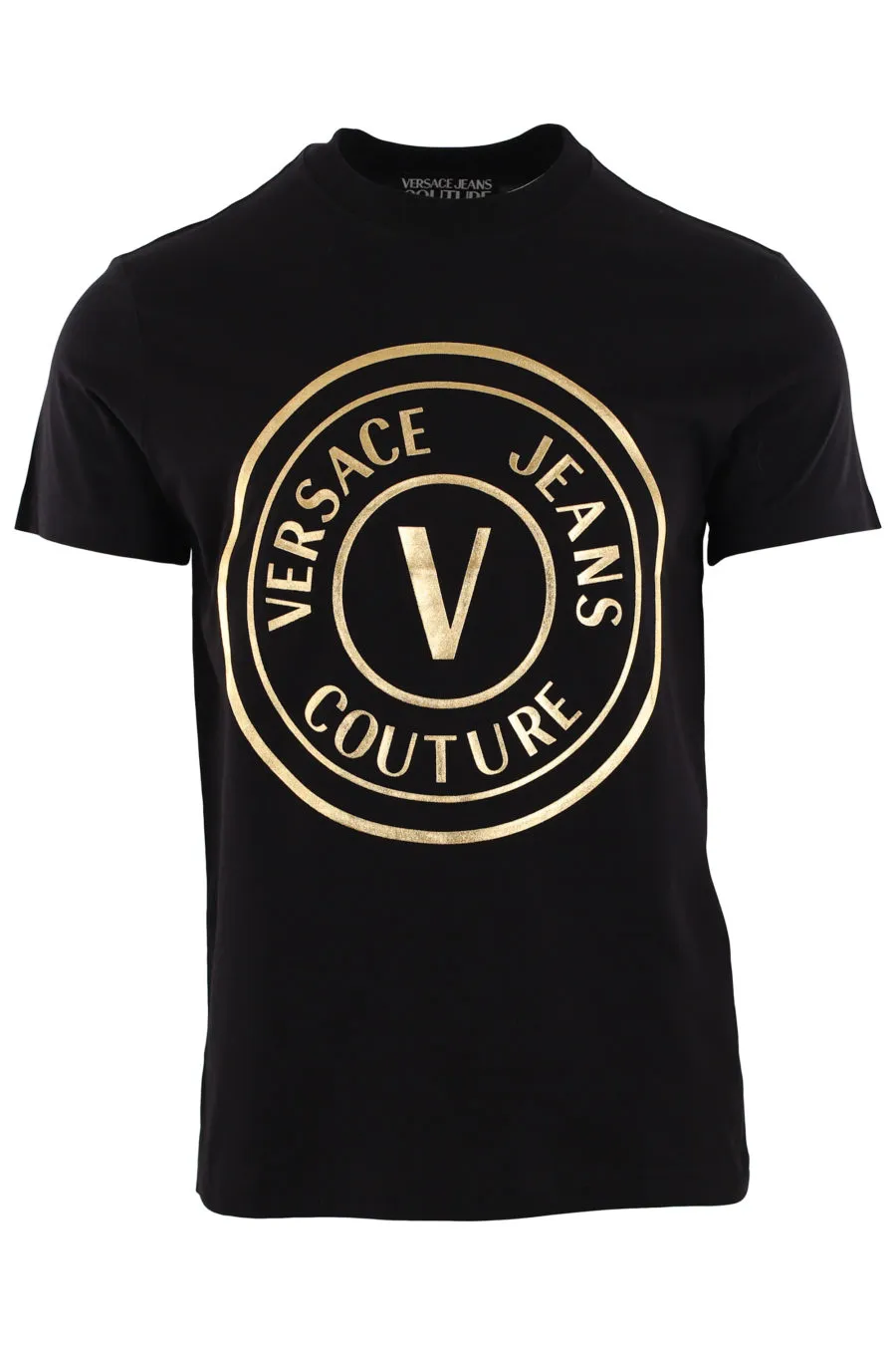 Camiseta negra con logo redondo dorado
