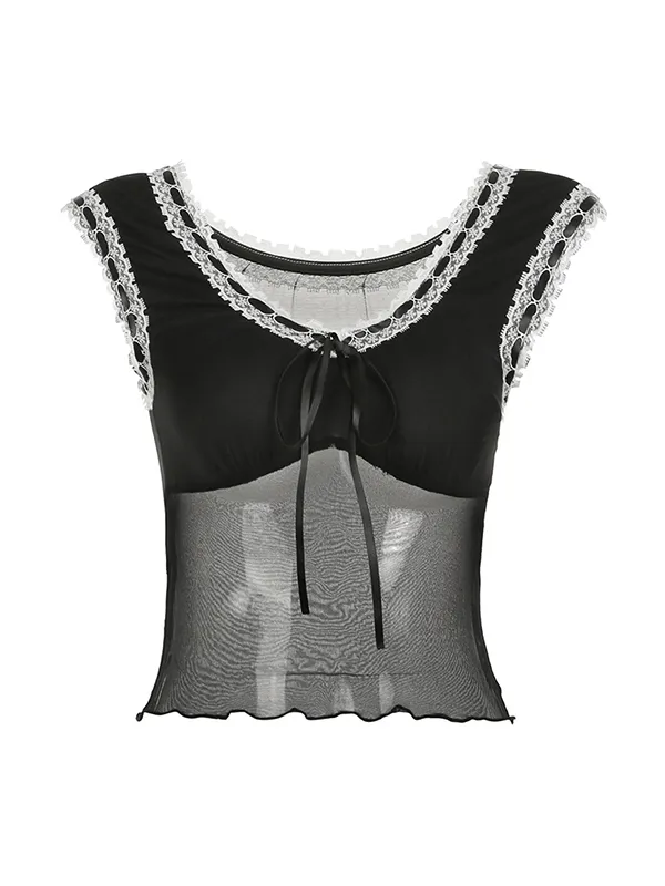 Camiseta sin mangas negra de malla fina con costuras de encaje