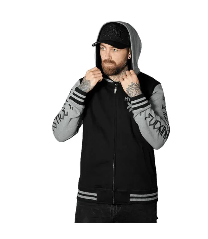 CHAQUETA HOMBRE NEGRA MANGAS GRISES CREMALLERA Y CAPUCHA HOSTILE GREY HYRAW W23M12