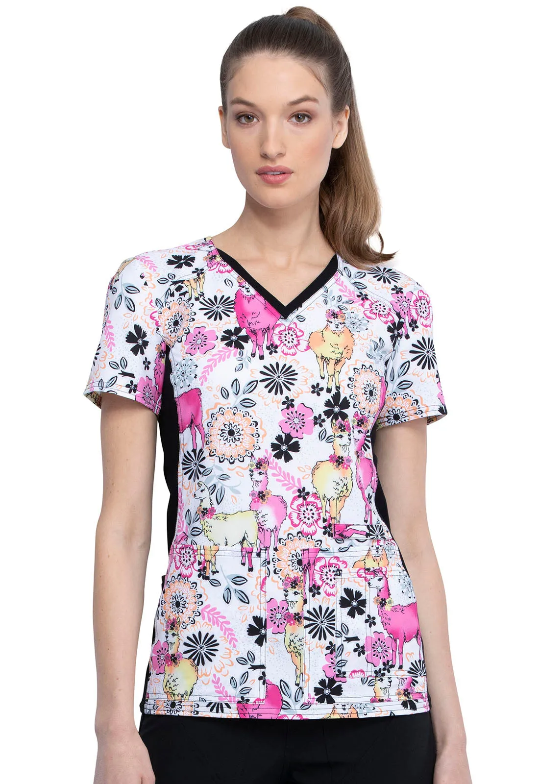 CHEROKEE IFLEX VNECK KNIT PANEL TOP IN LOVELY LLAMAS