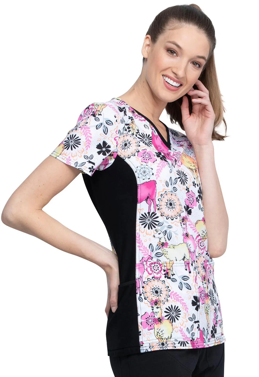 CHEROKEE IFLEX VNECK KNIT PANEL TOP IN LOVELY LLAMAS
