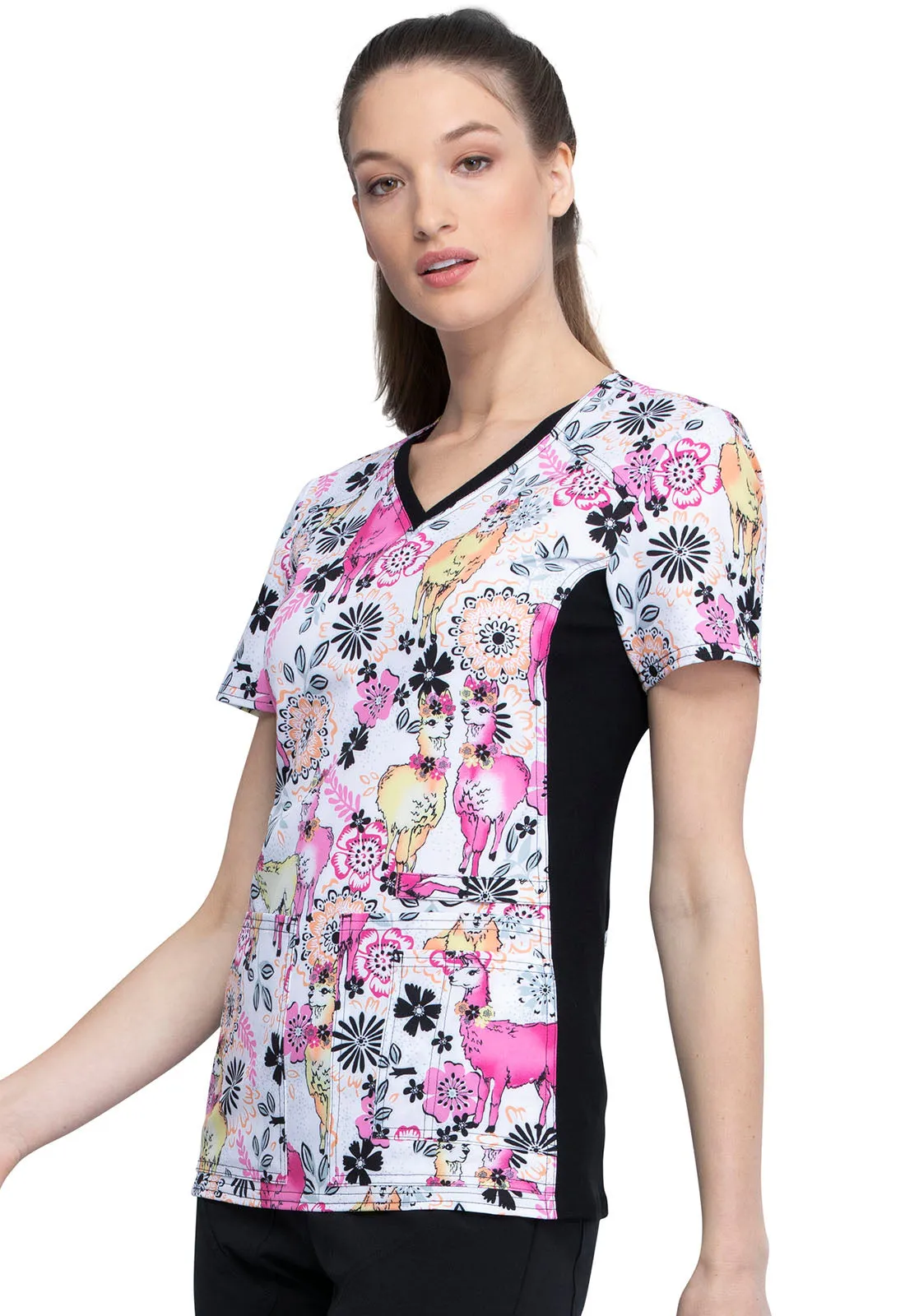 CHEROKEE IFLEX VNECK KNIT PANEL TOP IN LOVELY LLAMAS