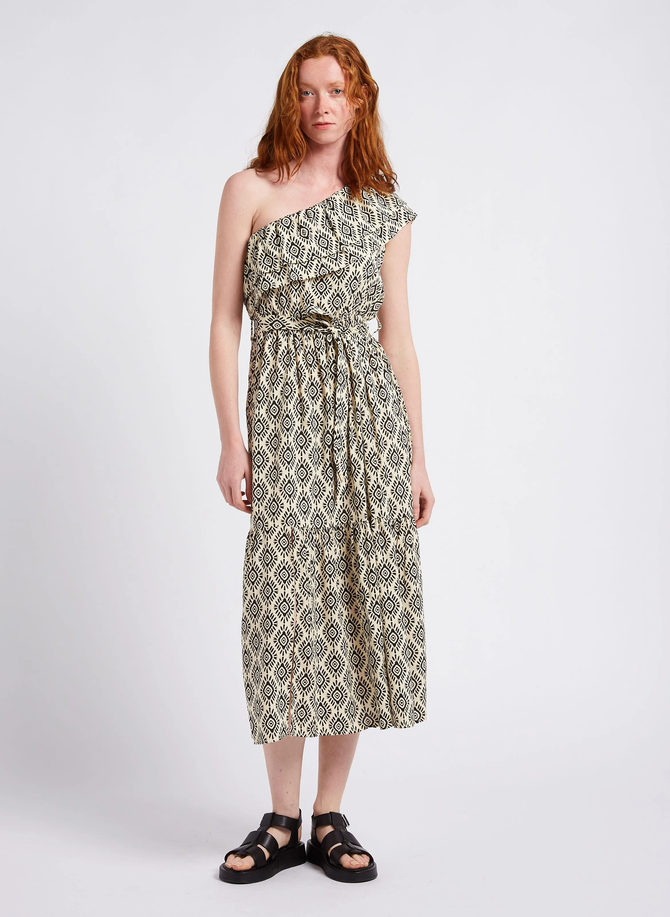 KARL MARC JOHN ROXIE  VESTIDO MIDI CUELLO BARCO ESTAMPADO DE ALGODóN EN NEGRO
