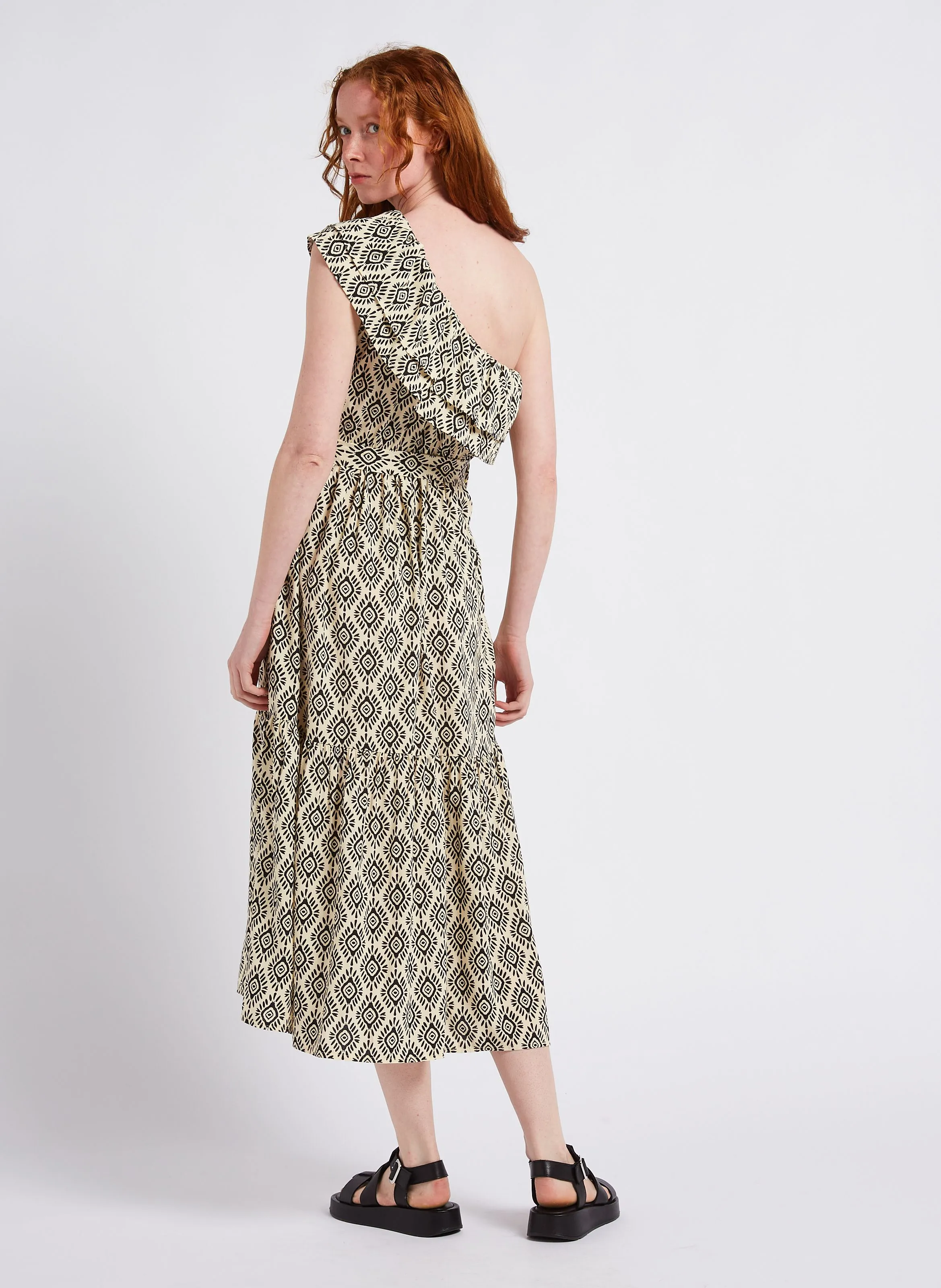 KARL MARC JOHN ROXIE  VESTIDO MIDI CUELLO BARCO ESTAMPADO DE ALGODóN EN NEGRO