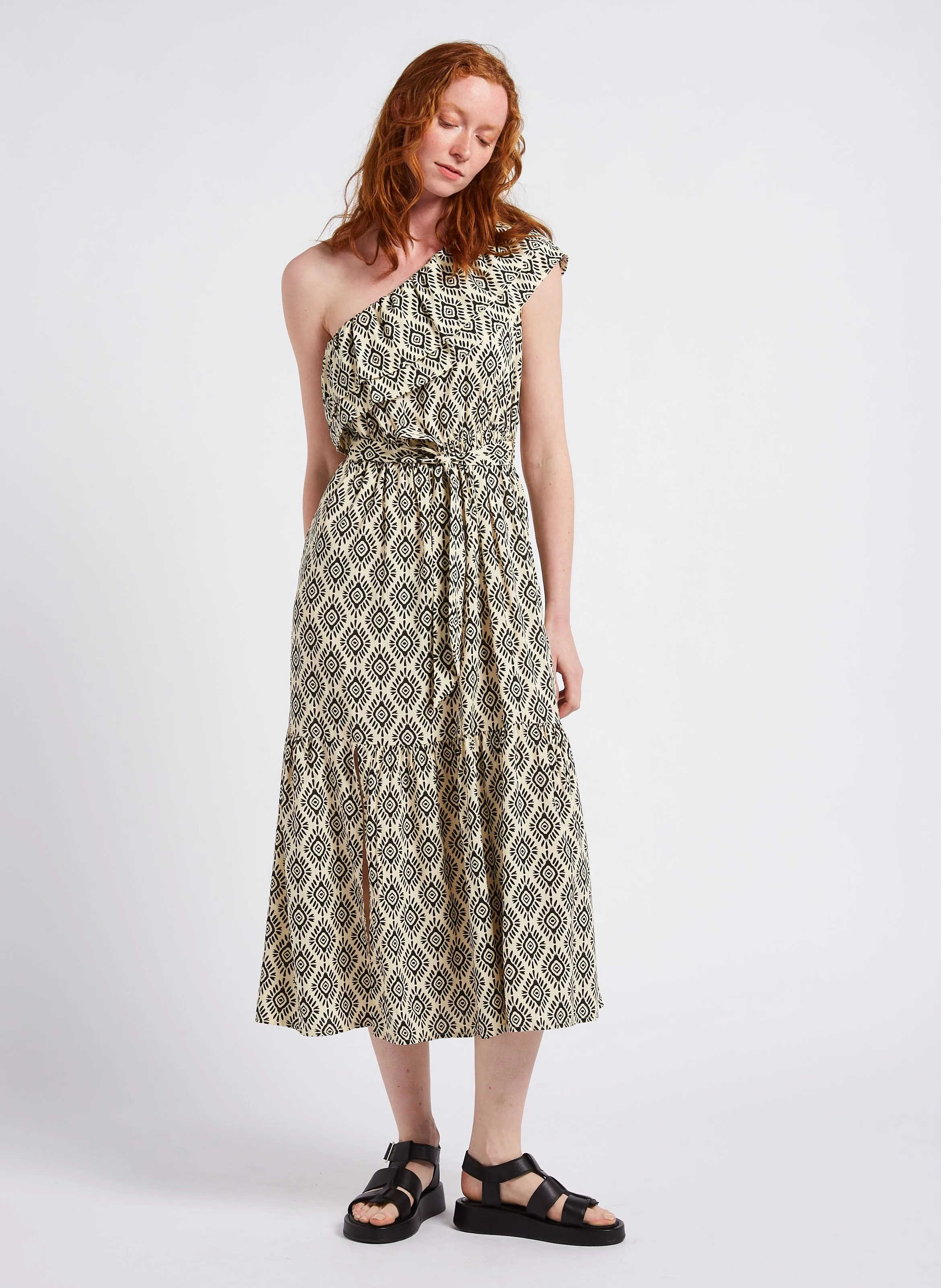 KARL MARC JOHN ROXIE  VESTIDO MIDI CUELLO BARCO ESTAMPADO DE ALGODóN EN NEGRO