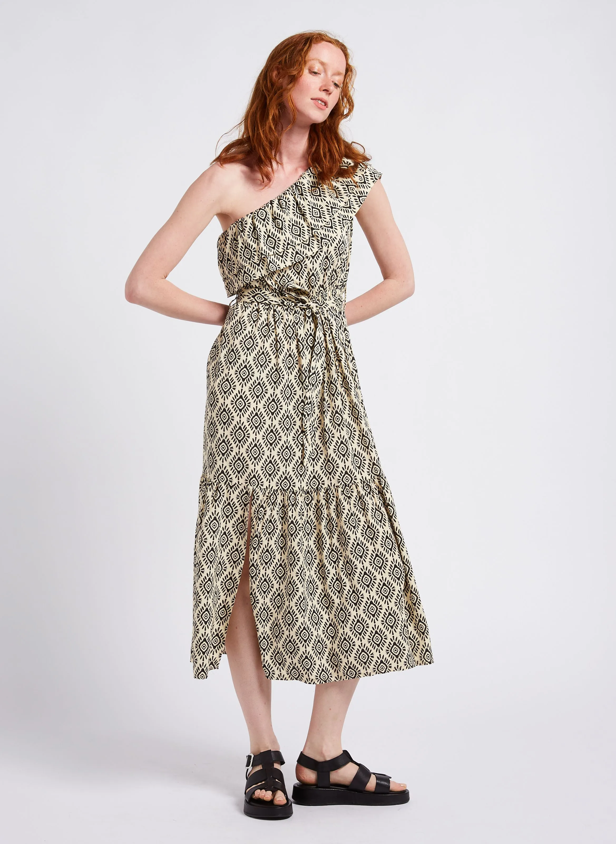 KARL MARC JOHN ROXIE  VESTIDO MIDI CUELLO BARCO ESTAMPADO DE ALGODóN EN NEGRO