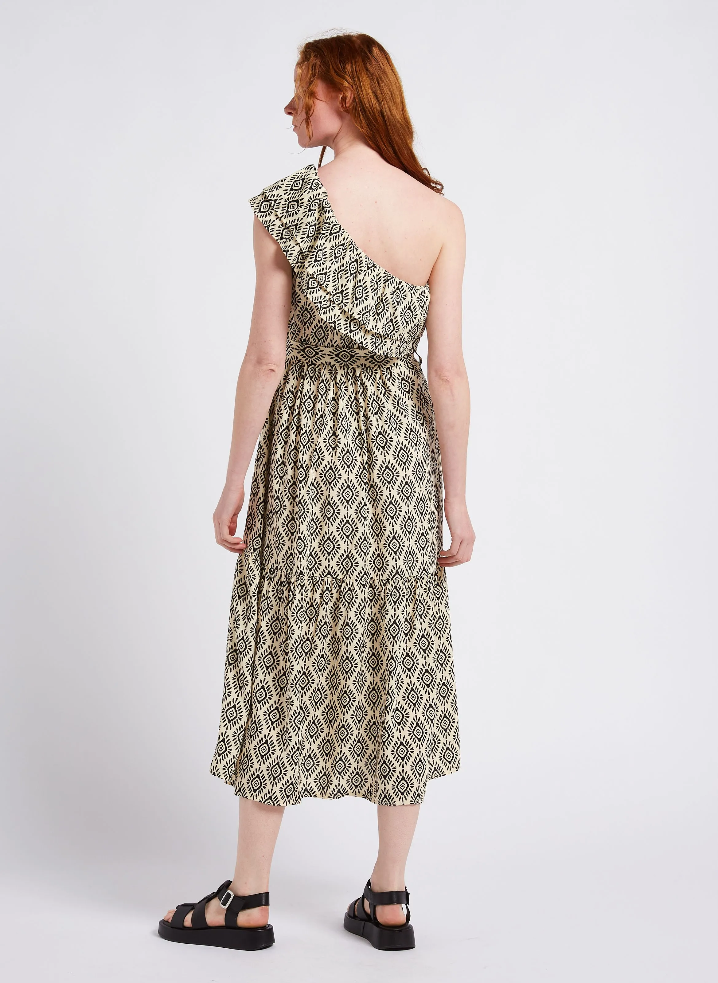 KARL MARC JOHN ROXIE  VESTIDO MIDI CUELLO BARCO ESTAMPADO DE ALGODóN EN NEGRO