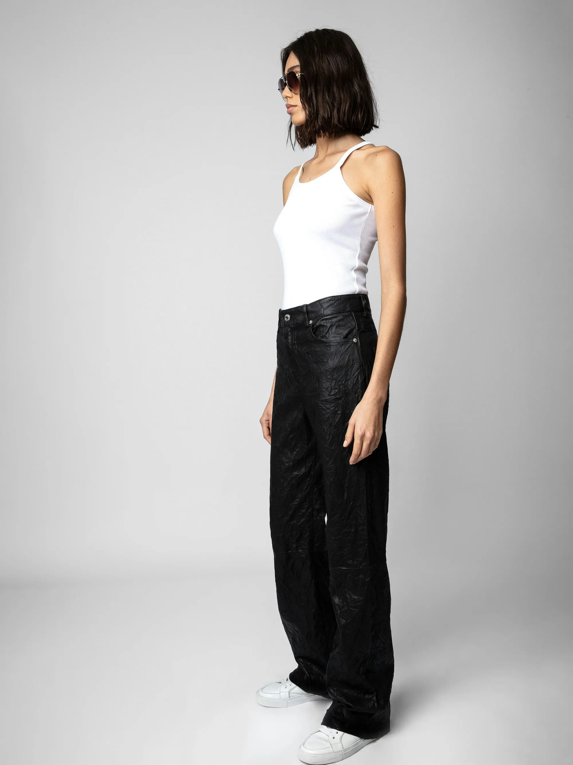 Pantalón de cuero con efecto arrugado Evy