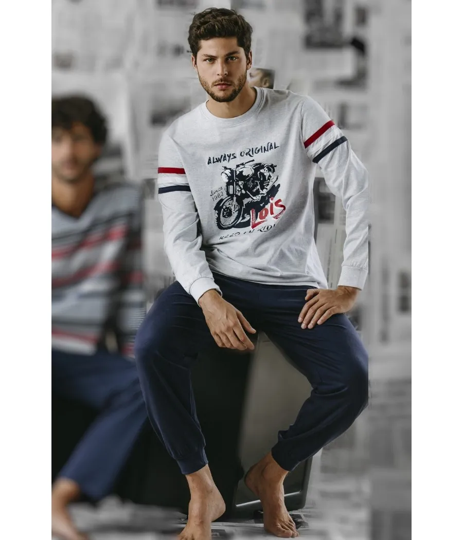 Pijama invierno hombre Lois Motor gris bolsillos algodón