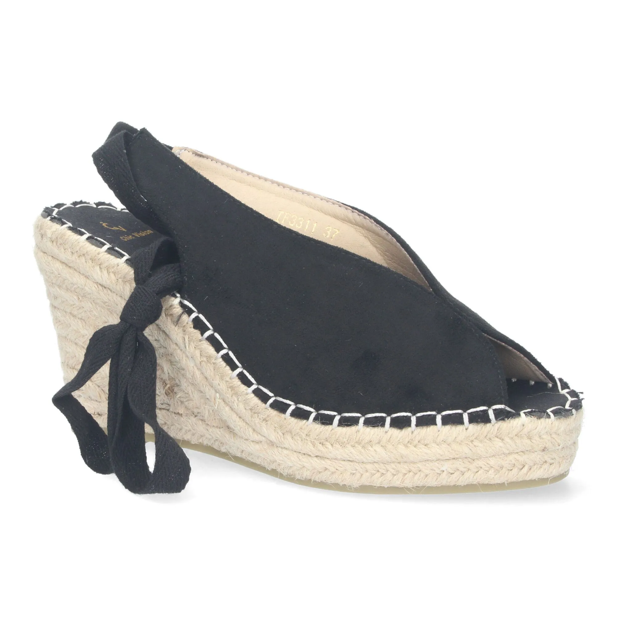 Sandalias de cuña en yute mujer con pala abierta negras TF3311