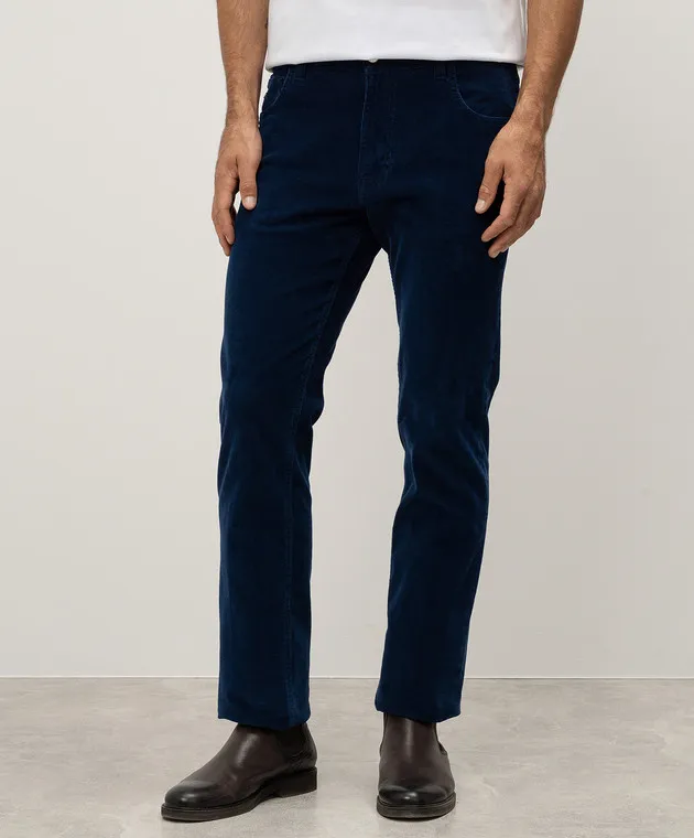 Stefano Ricci Blue corduroy pants with logo patch