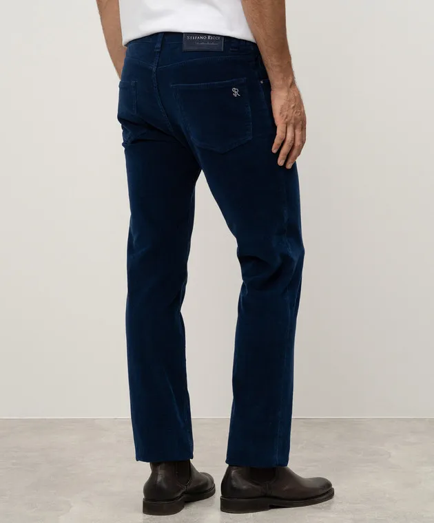 Stefano Ricci Blue corduroy pants with logo patch