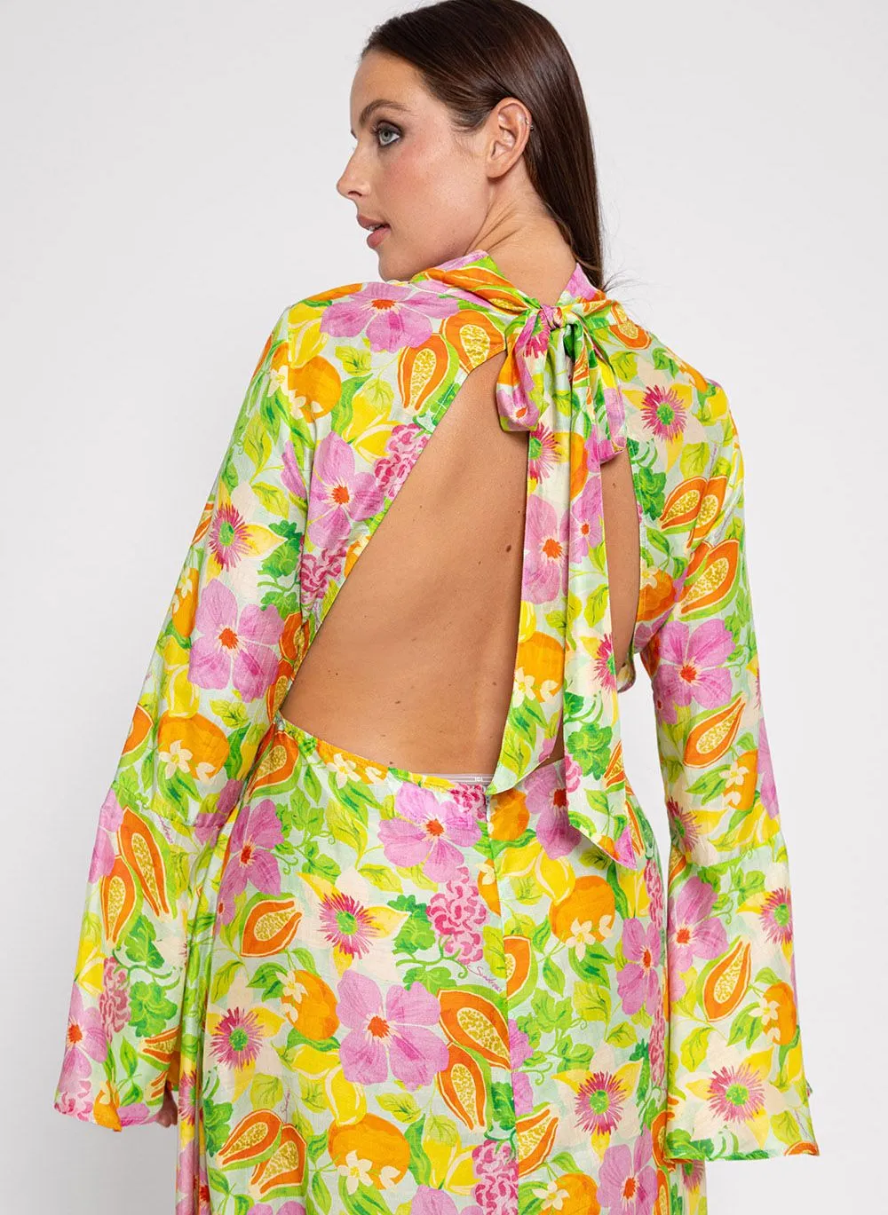 SUNDRESS FLEUR  VESTIDO LARGO ESTAMPADO CON CINTAS ANUDABLES EN MULTICOLOR